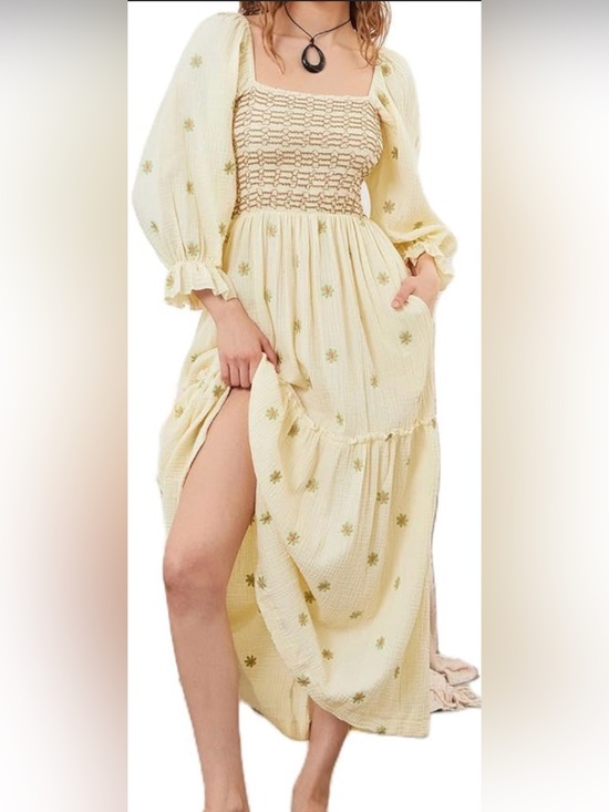 Free People Dresses & Skirts - Free People Dahlia Embroidered Maxi Dress Cream Cotton Gauze Smocked Medium